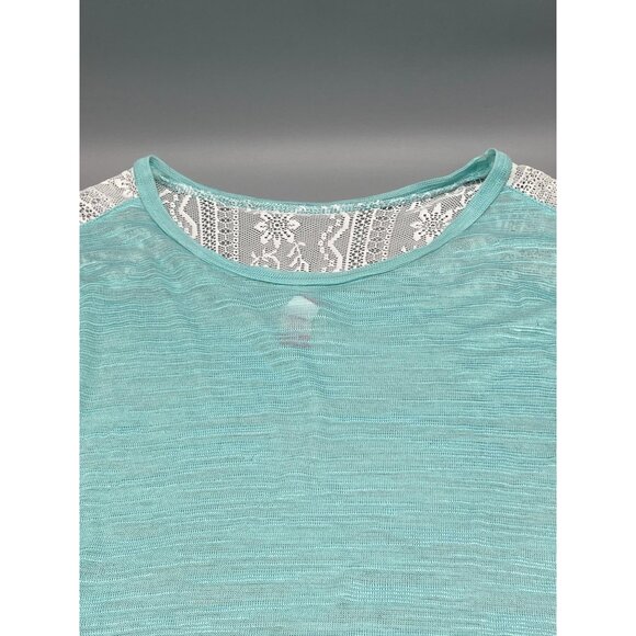 no boundaries 3/4 sleeve shirt green white lace sheer high low swoop neck m READ - Picture 2 of 12